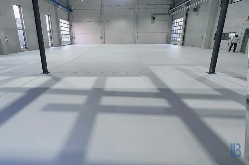 Helle, fugenlose Bodenbeschichtung in einer Halle mit Tageslicht