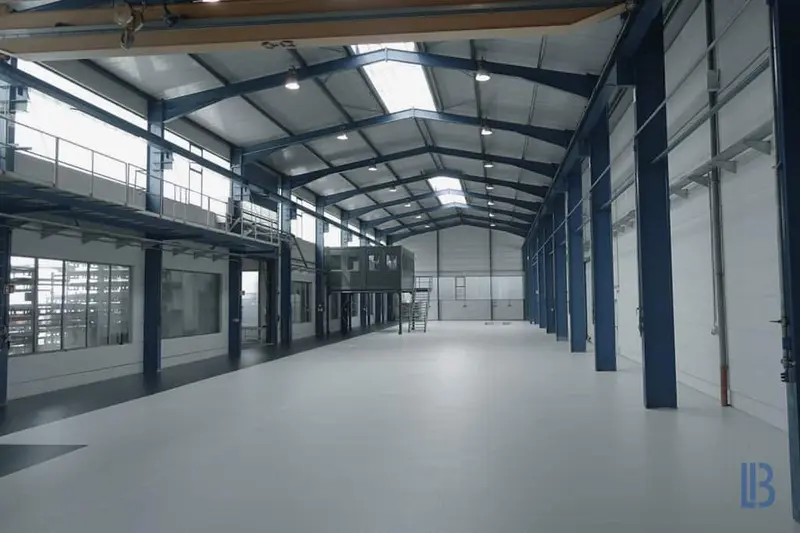 Hellgraue Bodenbeschichtung in einer Lagerhalle in Stahlbauweise mit Galerie